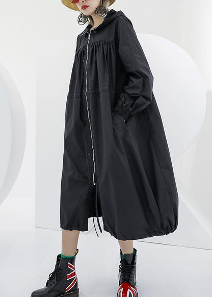 Elegant black oversized maxi coat hooded pockets zippered coat - SooLinen