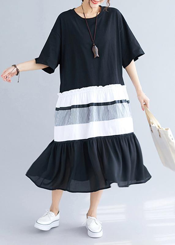 Elegant black patchwork cotton tunics for women o neck long summer Dress - SooLinen