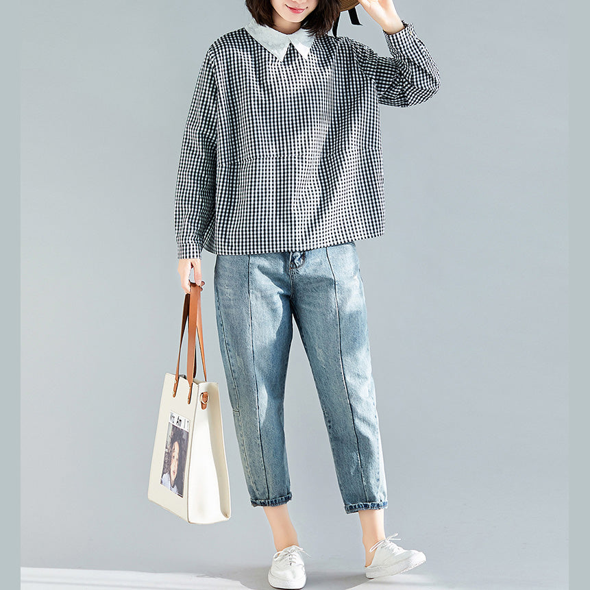 Elegante schwarz karierte Baumwollkleidung Boutique Stoffe Pullover Silhouette Frühling Bluse