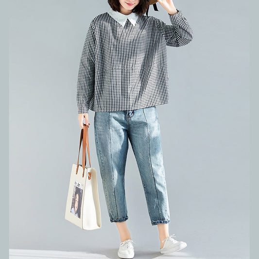 Elegante schwarz karierte Baumwollkleidung Boutique Stoffe Pullover Silhouette Frühling Bluse