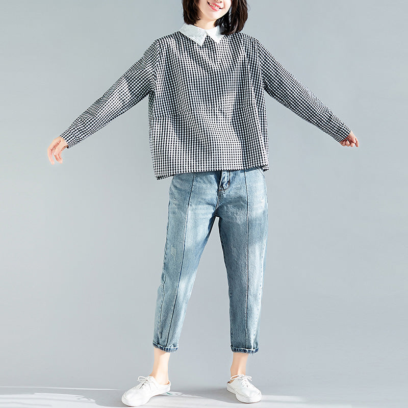 Elegante schwarz karierte Baumwollkleidung Boutique Stoffe Pullover Silhouette Frühling Bluse