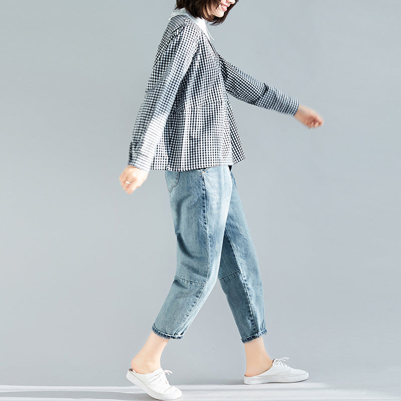 Elegante schwarz karierte Baumwollkleidung Boutique Stoffe Pullover Silhouette Frühling Bluse