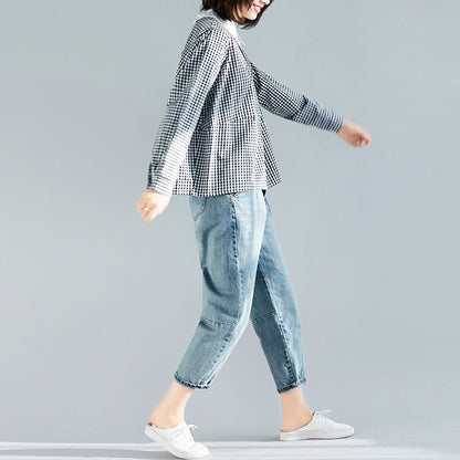 Elegante schwarz karierte Baumwollkleidung Boutique Stoffe Pullover Silhouette Frühling Bluse