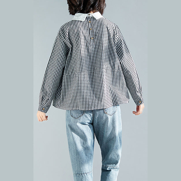 Elegante schwarz karierte Baumwollkleidung Boutique Stoffe Pullover Silhouette Frühling Bluse