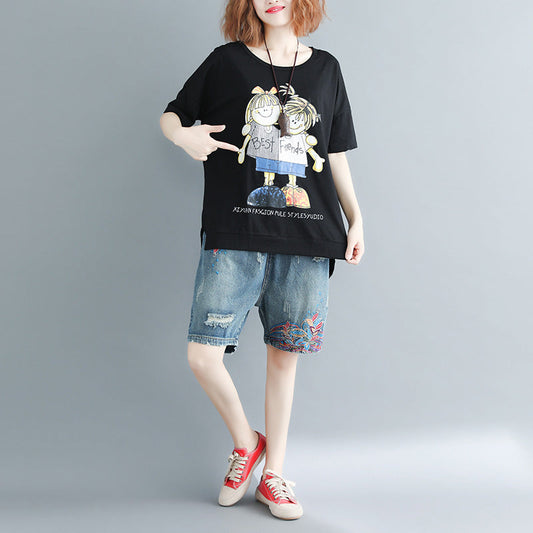 Elegante schwarze Baumwollkleidung mit Aufdruck, lässige Modeideen, Rundhals-Oberteile für den Alltag