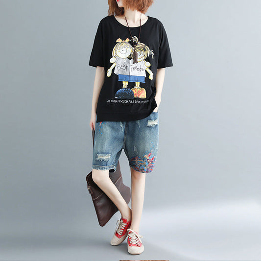 Elegante schwarze Baumwollkleidung mit Aufdruck, lässige Modeideen, Rundhals-Oberteile für den Alltag