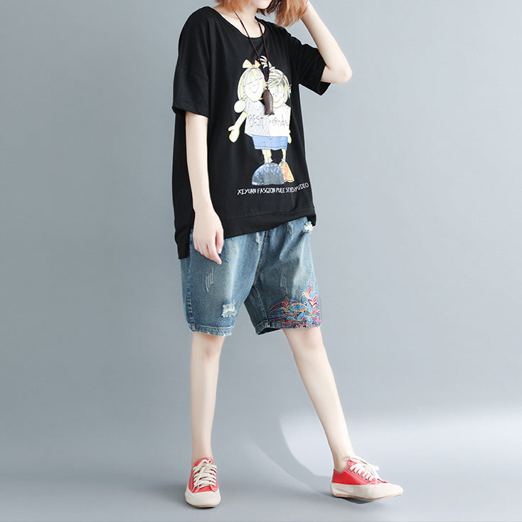 Elegante schwarze Baumwollkleidung mit Aufdruck, lässige Modeideen, Rundhals-Oberteile für den Alltag