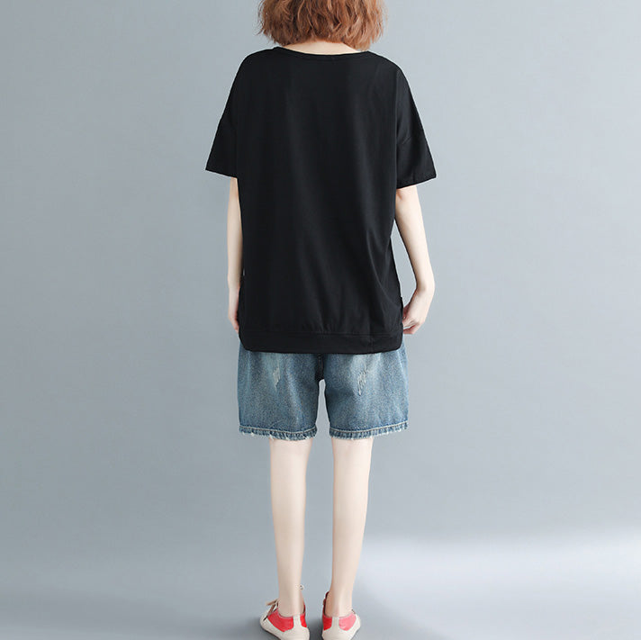 Elegante schwarze Baumwollkleidung mit Aufdruck, lässige Modeideen, Rundhals-Oberteile für den Alltag