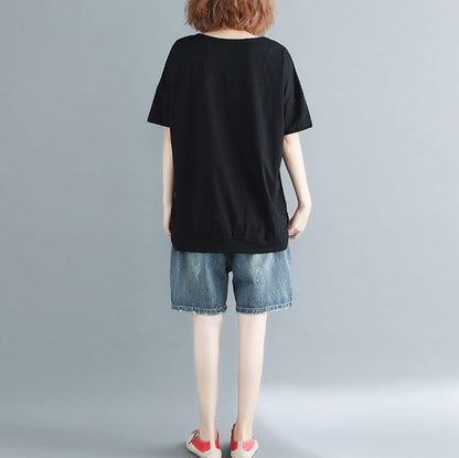 Elegante schwarze Baumwollkleidung mit Aufdruck, lässige Modeideen, Rundhals-Oberteile für den Alltag