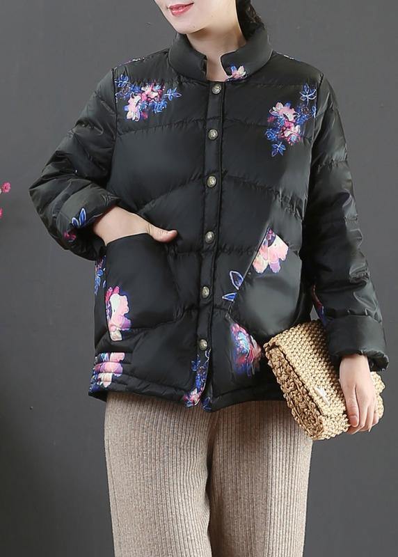 Elegant black print warm winter coat Loose fitting womens parka stand collar pockets Fine overcoat - SooLinen