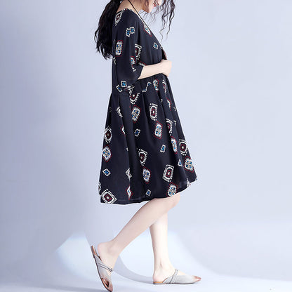 Elegante schwarze Drucke Midi-Länge Baumwollkleid lässige Reisekleidung Neue hohe Taille Cinched Batwing Ärmel Baumwollkleidung Kleid