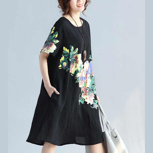 Elegante schwarze Prints reine Leinenkleider Plus Size Kleidung Leinen Baumwollkleid Vintage wildes kurzärmeliges Leinenkleid mit Rundhalsausschnitt