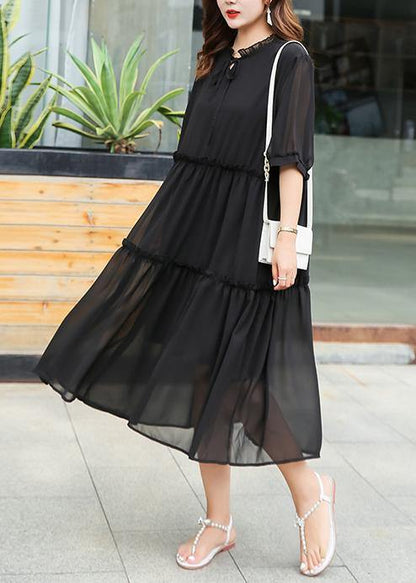 Elegant black ruffles chiffon clothes For Women stand collar Art summer Dress - SooLinen