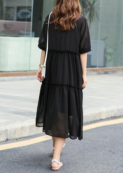 Elegant black ruffles chiffon clothes For Women stand collar Art summer Dress - SooLinen