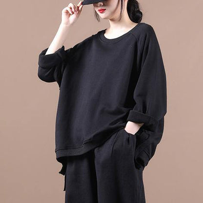Elegant black shirts women o neck oversized fall blouses - SooLinen