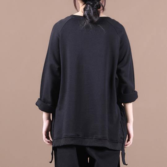 Elegant black shirts women o neck oversized fall blouses - SooLinen