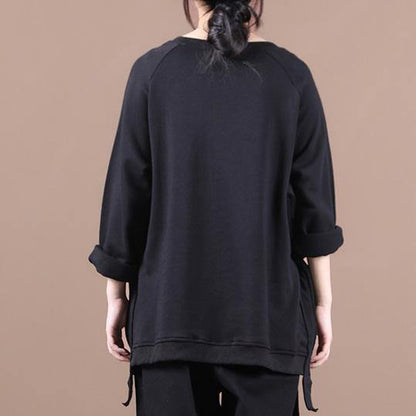 Elegant black shirts women o neck oversized fall blouses - SooLinen