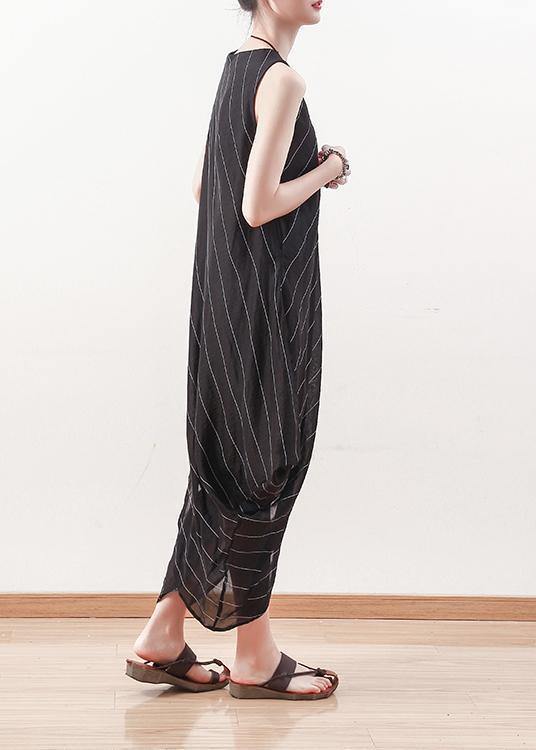 Elegant black sleeveless linen Robes asymmetric Maxi summer Dresses - SooLinen