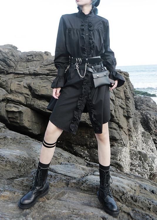 Elegant black stand collar cotton clothes Women flare sleeve cotton robes ruffles shirt Dress - SooLinen