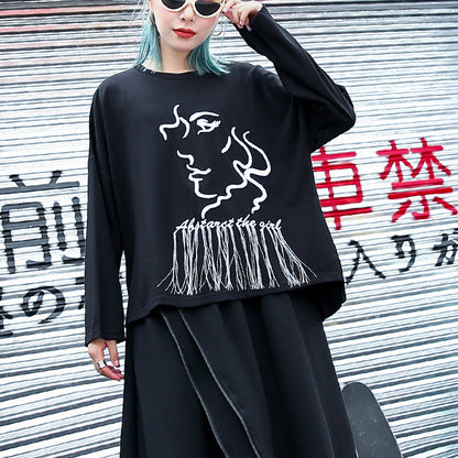 Elegant black t shirt oversize o neck embroider fabric cotton blended t shirt casual tassel baggy t shirt