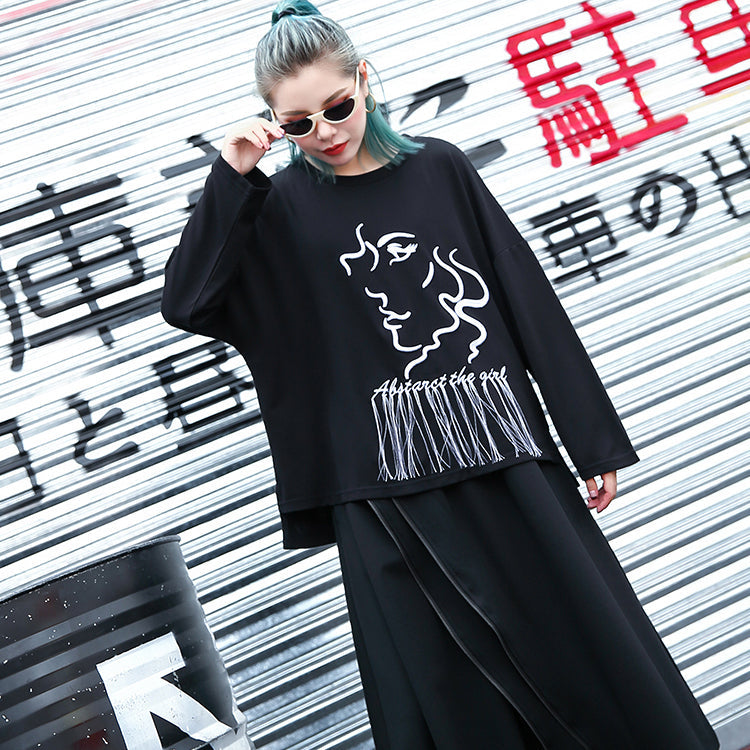 Elegant black t shirt oversize o neck embroider fabric cotton blended t shirt casual tassel baggy t shirt