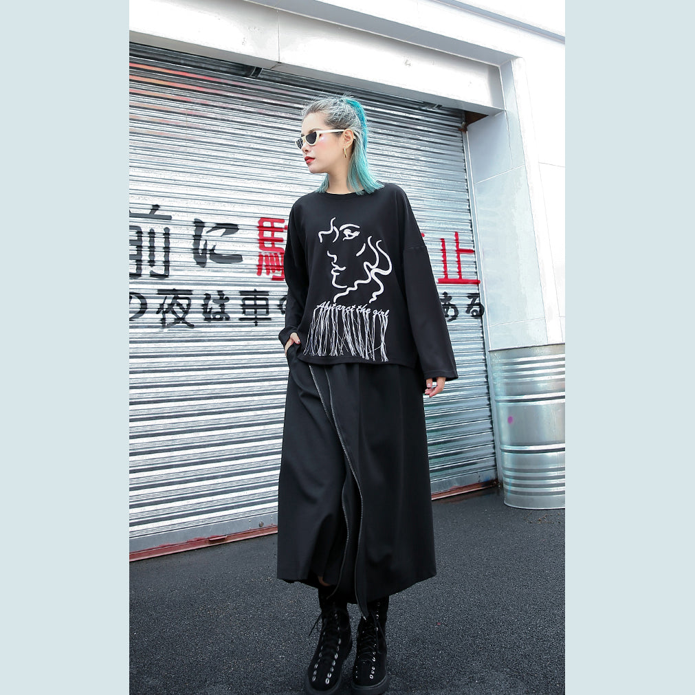 Elegant black t shirt oversize o neck embroider fabric cotton blended t shirt casual tassel baggy t shirt