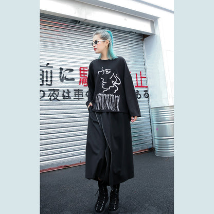 Elegant black t shirt oversize o neck embroider fabric cotton blended t shirt casual tassel baggy t shirt