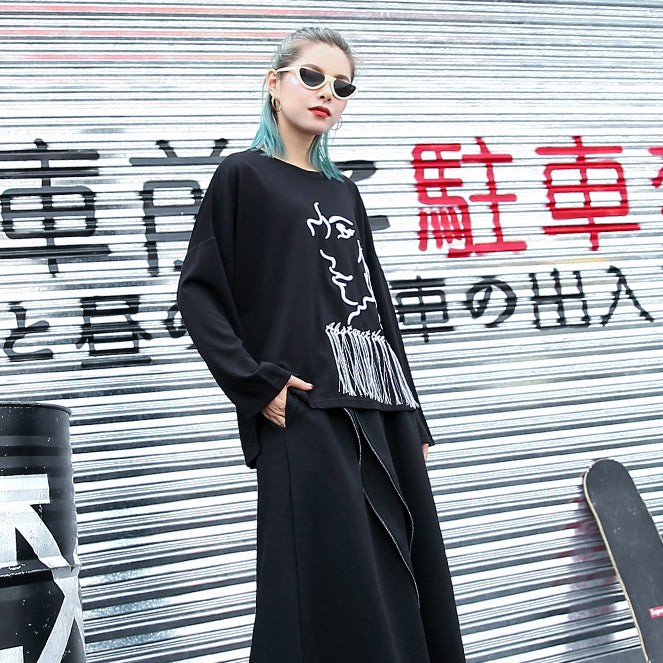 Elegant black t shirt oversize o neck embroider fabric cotton blended t shirt casual tassel baggy t shirt