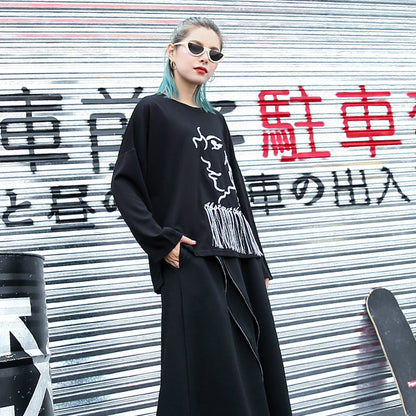 Elegant black t shirt oversize o neck embroider fabric cotton blended t shirt casual tassel baggy t shirt