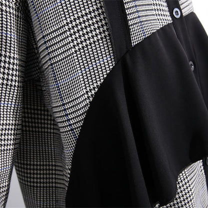 Elegante schwarz-weiß karierte Baumwollkaftane in Übergröße mit Rüschen, Baumwollkleidungskleid, feiner Reverskragen, Baumwollkaftane