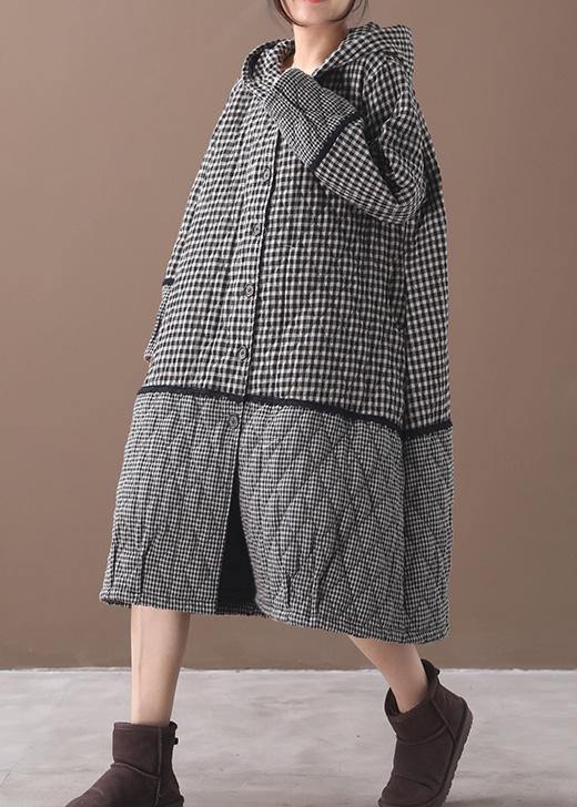 Elegant black white plaid winter coats plus size clothing hooded patchwork winter outwear - SooLinen