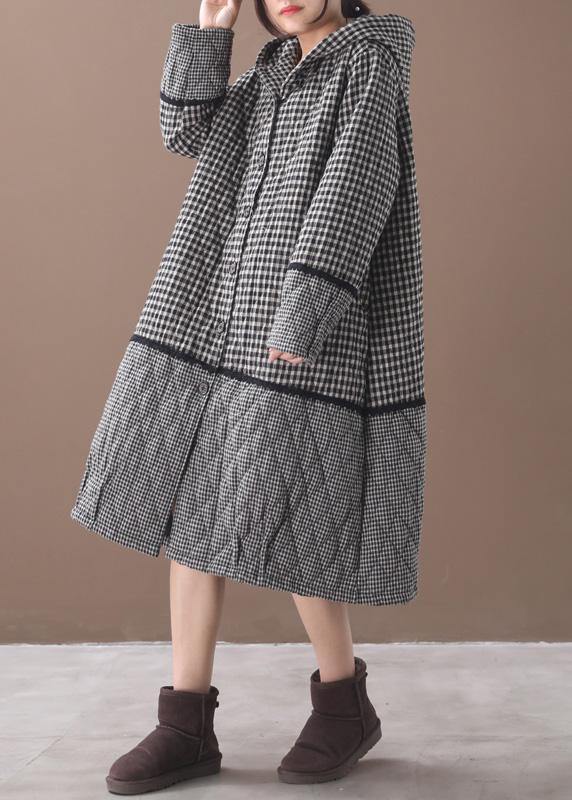 Elegant black white plaid winter coats plus size clothing hooded patchwork winter outwear - SooLinen