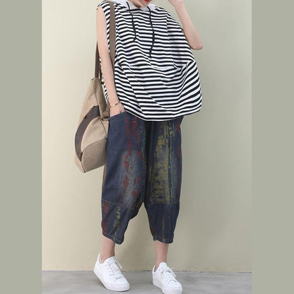 Elegant black white striped cotton top hooded sleeveless baggy blouse - SooLinen