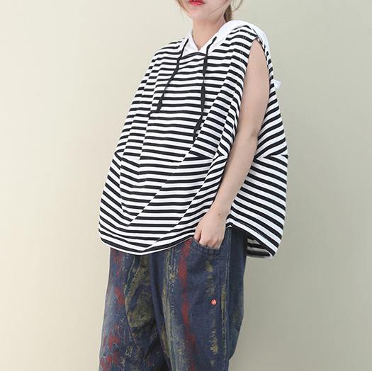 Elegant black white striped cotton top hooded sleeveless baggy blouse - SooLinen