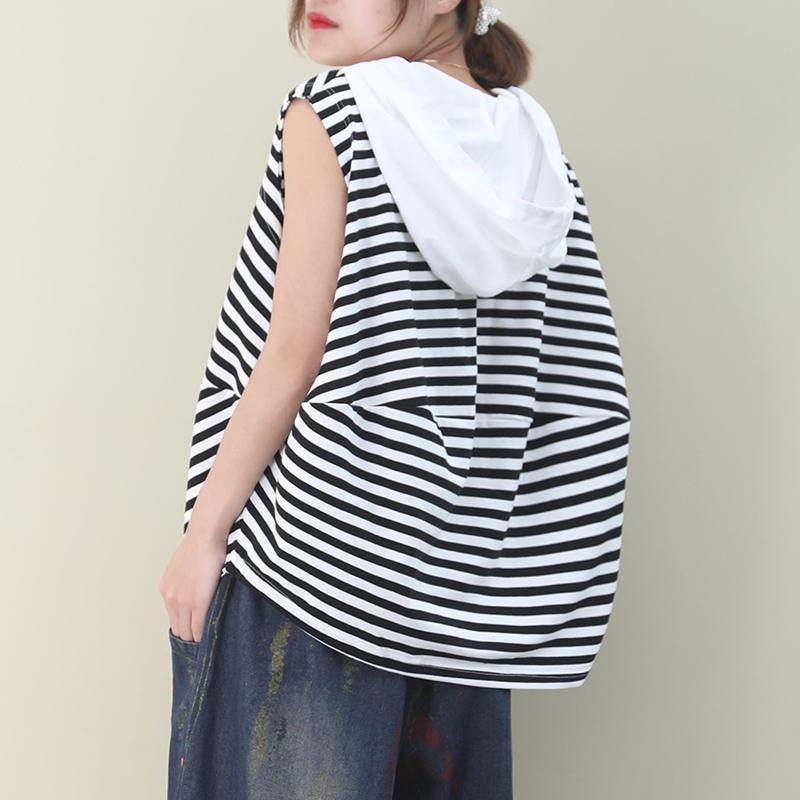 Elegant black white striped cotton top hooded sleeveless baggy blouse - SooLinen