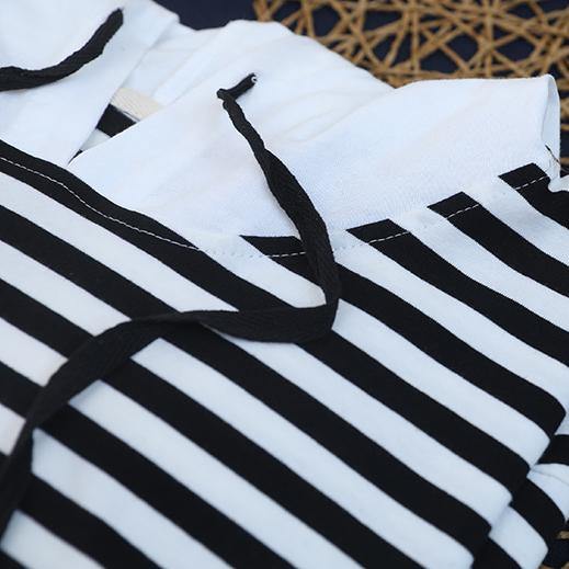 Elegant black white striped cotton top hooded sleeveless baggy blouse - SooLinen
