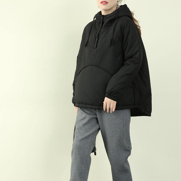 Elegant black women parka plus size snow jackets hooded drawstring coats - SooLinen