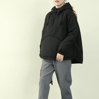 Elegant black women parka plus size snow jackets hooded drawstring coats - SooLinen