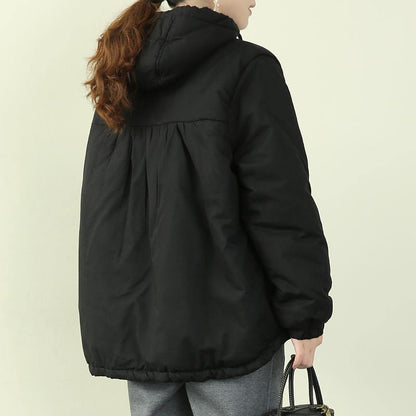 Elegant black women parka plus size snow jackets hooded drawstring coats - SooLinen