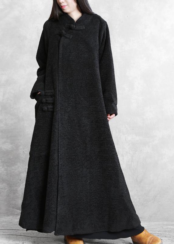 Elegant black woolen outwear plus size clothing stand collar asymmetric long coat - SooLinen