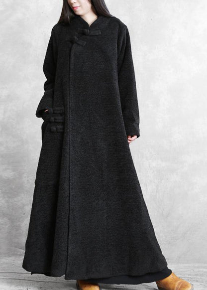 Elegant black woolen outwear plus size clothing stand collar asymmetric long coat - SooLinen