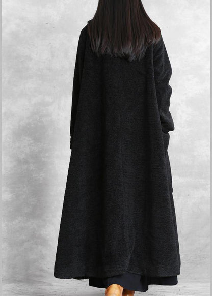 Elegant black woolen outwear plus size clothing stand collar asymmetric long coat - SooLinen