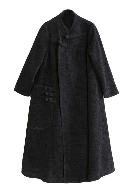 Elegant black woolen outwear plus size clothing stand collar asymmetric long coat - SooLinen