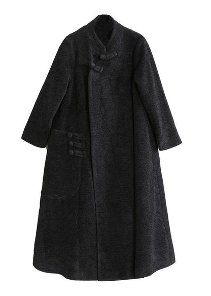 Elegant black woolen outwear plus size clothing stand collar asymmetric long coat - SooLinen