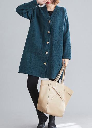 Elegant blackish green Fine casual coats women Work Outfits v neck Button coats - SooLinen