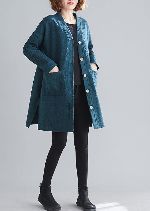 Elegant blackish green Fine casual coats women Work Outfits v neck Button coats - SooLinen
