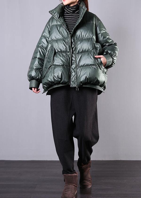 Elegant blackish green warm winter coat trendy plus size stand collar zippered Casual Jackets - SooLinen