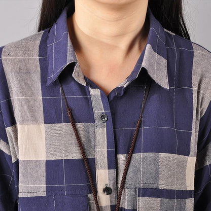 Elegante blaue Baumwollkleider, trendiges Maxikleid aus Baumwolle in Übergröße 2018, kariertes Baumwollkleid mit Reverskragen