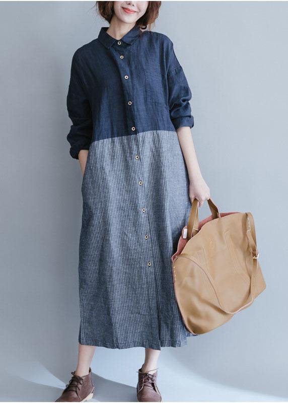 Elegant blue cotton linen Wardrobes lapel collar dress patchwork striped Dresses - SooLinen