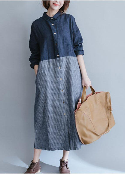 Elegant blue cotton linen Wardrobes lapel collar dress patchwork striped Dresses - SooLinen